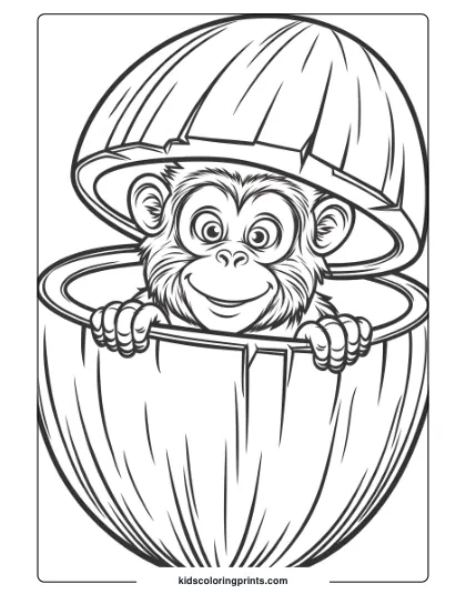 A Coloring Page Featuring A Monkey Peeking Out Of A Coconut, Giving A Curious And Playful Look.