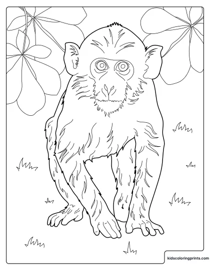 Monkey Coloring Page With A Curious Monkey Standing Under Large Tropical Leaves.