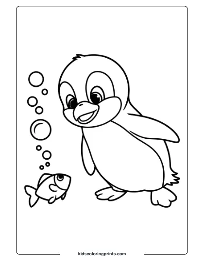 A Penguin Observing Bubbles And A Fish, A Fun Underwater-Themed Penguin Coloring Page.