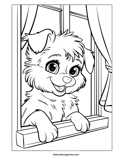 A Fluffy Puppy Looking Out From A Window. A Fun And Engaging Curious Puppy Coloring Page For All Ages.