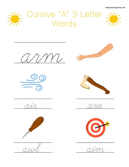 Cursive A Worksheet Featuring Three Letter Words Beginning With A For Writing And Spelling Practice.