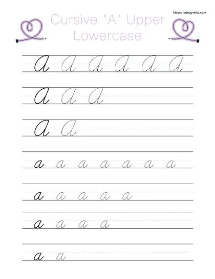 Cursive A Handwriting Worksheet Showing Uppercase And Lowercase A For Tracing And Writing Practice.