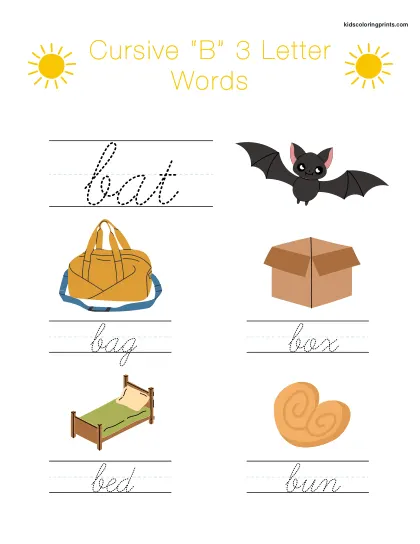 Cursive B Worksheet With Simple Three Letter Words Starting With B For Spelling And Writing Practice.