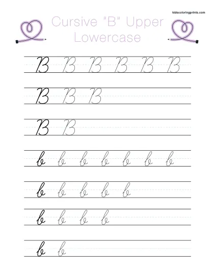 Cursive B Worksheet Showing Uppercase And Lowercase B For Writing And Tracing Activities.