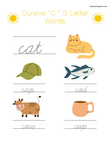 Cursive C Worksheet With Easy Three Letter Words Beginning With C For Writing And Reading Skills.