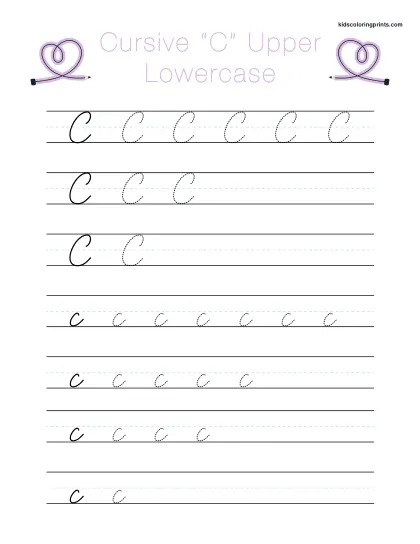 Cursive C Worksheet With Uppercase And Lowercase C For Handwriting Tracing And Practice.