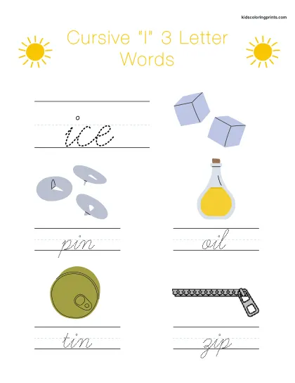 Cursive I Worksheet With Three Letter Words Starting With I To Improve Spelling And Writing.
