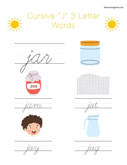 Cursive J Worksheet Featuring Short Three Letter Words Starting With J For Learning Cursive.