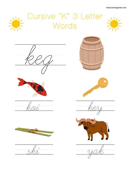 Cursive K Worksheet With Simple Three Letter Words Beginning With K For Writing Practice.
