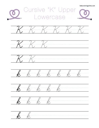 Cursive K Worksheet Showing Uppercase And Lowercase K For Tracing And Learning Cursive.