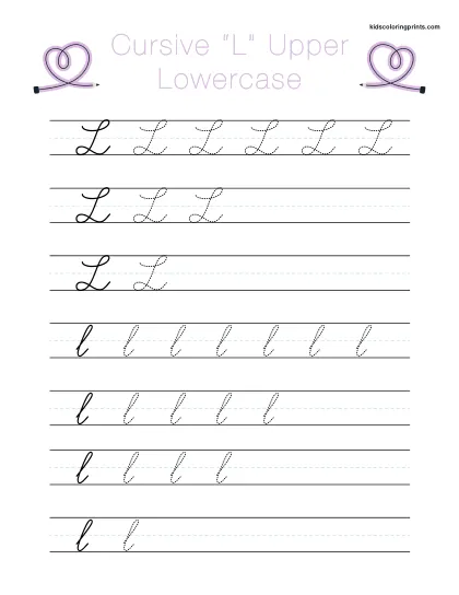 Cursive L Worksheet With Uppercase And Lowercase Letters For Tracing And Writing Exercises.