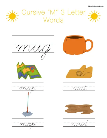 Cursive M Worksheet With Short Three Letter Words Starting With M For Spelling Practice.