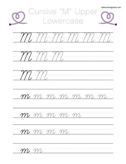 Cursive M Worksheet Showing Uppercase And Lowercase M For Cursive Writing Practice.