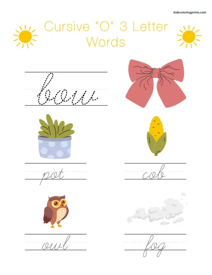 Cursive O Worksheet With Three Letter Words Starting With O To Build Writing Fluency.