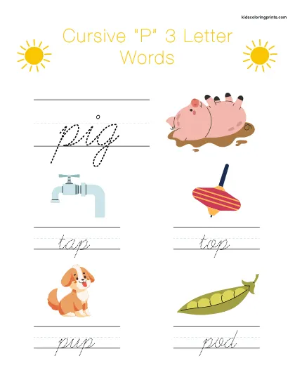 Cursive P Worksheet Featuring Three Letter Words Beginning With P For Writing Exercises.