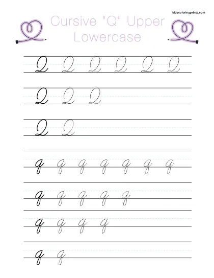 Cursive Q Worksheet With Uppercase And Lowercase Q For Cursive Writing Practice.