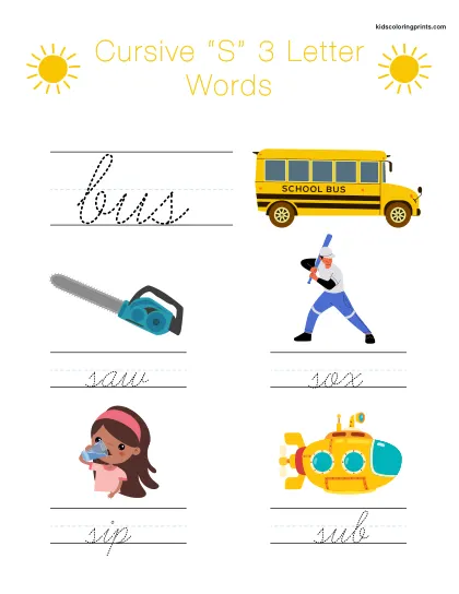 Cursive S Worksheet With Three Letter Words Beginning With S To Improve Handwriting.