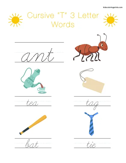 Cursive T Worksheet Featuring Three Letter Words Starting With T For Handwriting Skills.