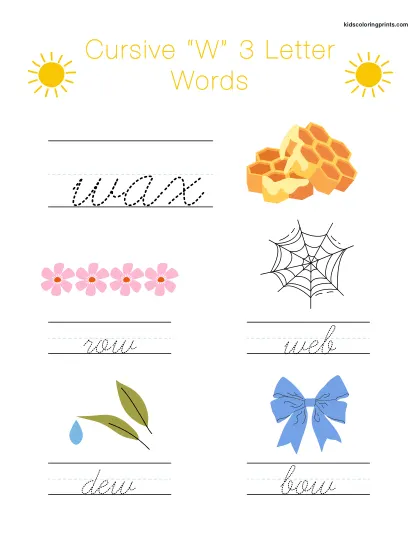 Cursive W Worksheet Featuring Easy Three Letter Words Beginning With W For Handwriting.