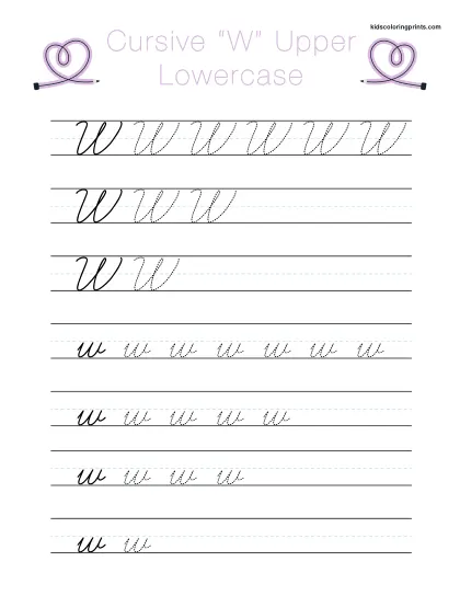Cursive W Worksheet Showing Uppercase And Lowercase W For Writing Exercises.