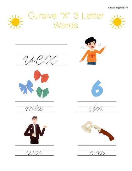 Cursive X Worksheet Featuring Three Letter Words Starting With X For Writing Practice.