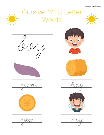 Cursive Y Worksheet Featuring Simple Three Letter Words Beginning With Y For Handwriting.