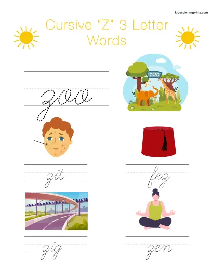 Cursive Z Worksheet With Three Letter Words Beginning With Z For Spelling And Writing.