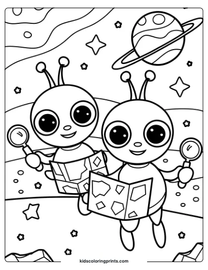 Coloring Page Of Two Cute Aliens Exploring Space With Tools, Surrounded By Planets, Stars, And Rocky Landscapes.