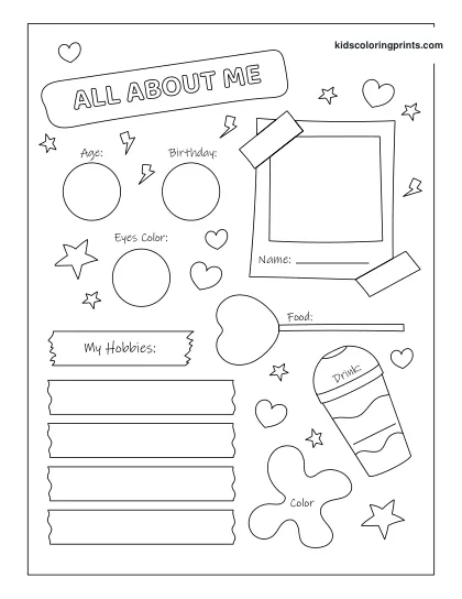 Cute Printable All About Me Worksheet For Girls Decorated With Hearts, Stars, And Fun Prompts.