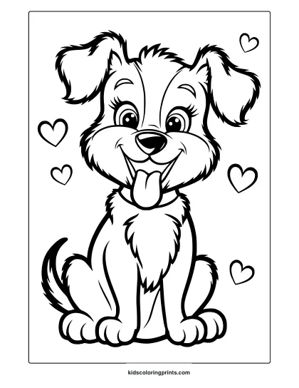 A Playful Puppy With Hearts Around. A Cute Puppy Coloring Page Filled With Love.