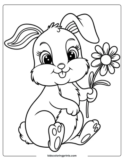 Coloring Page Of A Cute Bunny Holding A Daisy, With Expressive Eyes And A Fluffy Tail, Creating A Charming Scene.