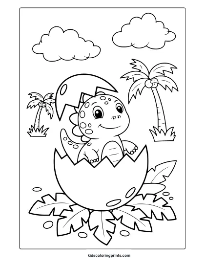 A Happy Baby Dinosaur Hatching From An Egg Is The Focus Of This Sweet And Friendly Dinosaur Coloring Page.