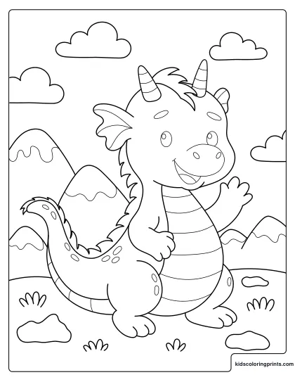 Dragon Coloring Page With A Smiling Baby Dragon Waving In Front Of Mountains And Clouds.