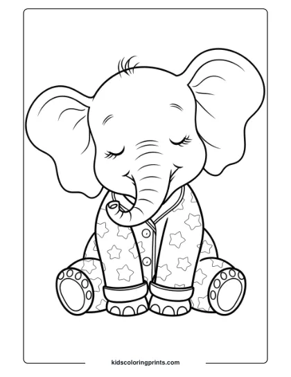Coloring Page Of A Baby Elephant In Starry Pajamas.