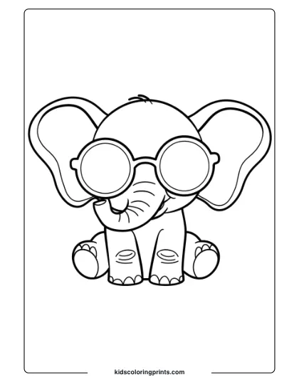 Coloring Page Of A Baby Elephant Wearing Large Round Sunglasses.