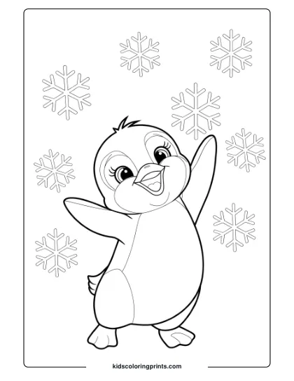 A Baby Penguin Surrounded By Snowflakes In A Joyful Winter Scene, A Perfect Penguin Coloring Page For Kids.
