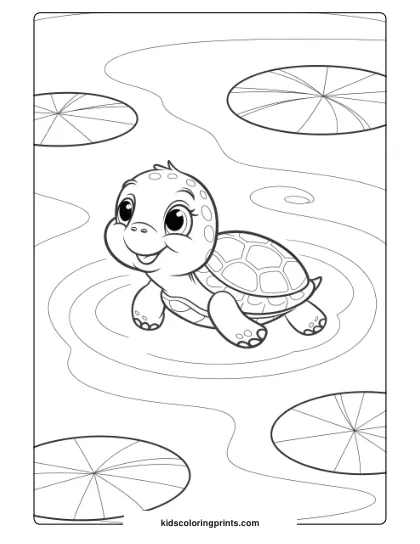 Baby Turtle In A Lagoon Coloring Page, Showing A Cheerful Turtle In Calm Waters.