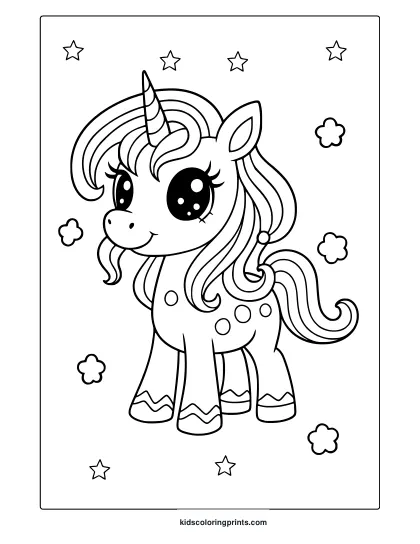 Cute Baby Unicorn With Big Eyes And Wavy Mane In A Starry Kawaii Style Coloring Page.