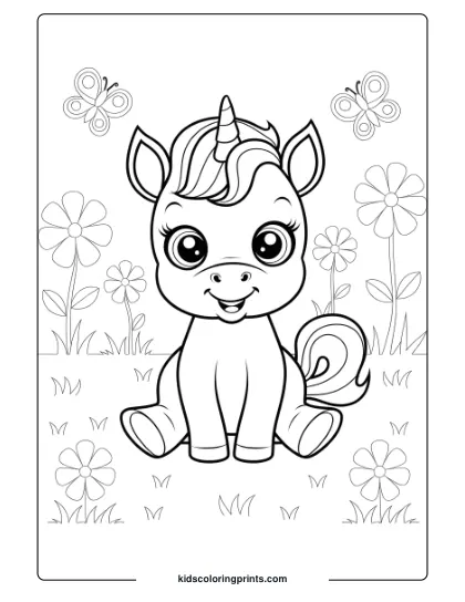 Unicorn Coloring Page Showing A Baby Unicorn In A Meadow With Butterflies, Flowers, And Grass Around.