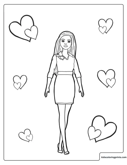 Cute Barbie Coloring Page With Barbie Standing In A Simple Dress Surrounded By Floating Hearts.