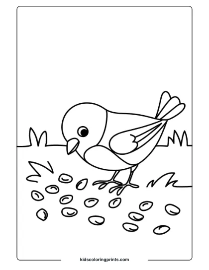 A Bird Eating Seeds On The Ground In A Simple Bird Coloring Page, Great For Young Children.