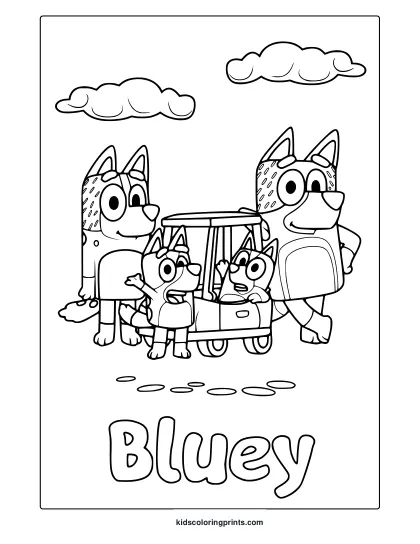 Bluey Coloring Page With Bluey And Family Posing Around A Car, Drawn In A Cute, Cartoon-Style Illustration.