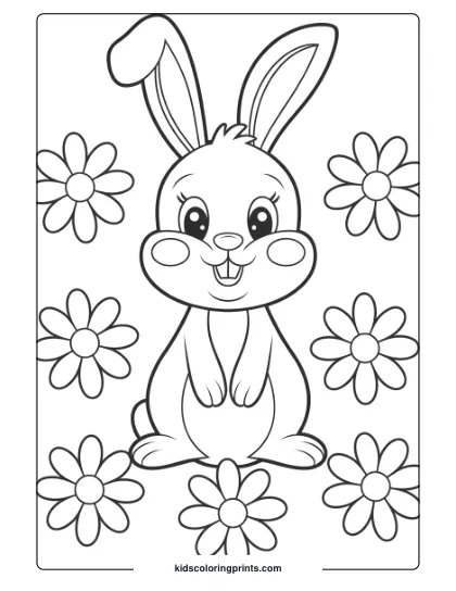 Coloring Page Of A Cute Bunny Surrounded By Flowers, Perfect For A Charming Springtime Coloring Activity.