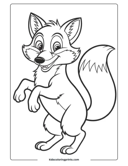 Fox Coloring Page Showing A Cute Cartoon Fox In A Playful Stance, With Big Eyes And A Cheerful Expression For Young Artists.
