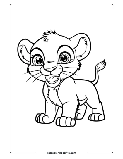 A Cute Cartoon Lion Cub With Large Eyes And A Playful Stance, Ready For Kids To Color In This Fun Lion Coloring Page.