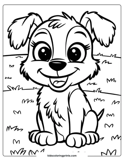 Cute Cartoon Puppy Sitting On Grass With Floppy Ears In A Dog Coloring Page.
