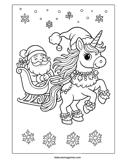 Christmas Unicorn With Floral Garlands Next To Santa In Sleigh On A Festive Coloring Page.