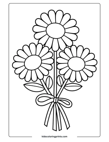 A Bouquet Of Three Daisies Tied With A Ribbon, With Simple Petals And Charming Details, Great For All Ages.