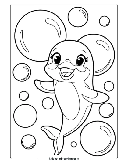 A Cute Dolphin Surrounded By Colorful Bubbles, Dancing Playfully In A Fun And Engaging Coloring Page.