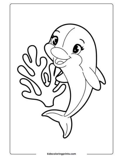 A Dolphin Holding Shiny Coral, A Charming Coloring Page For Children.